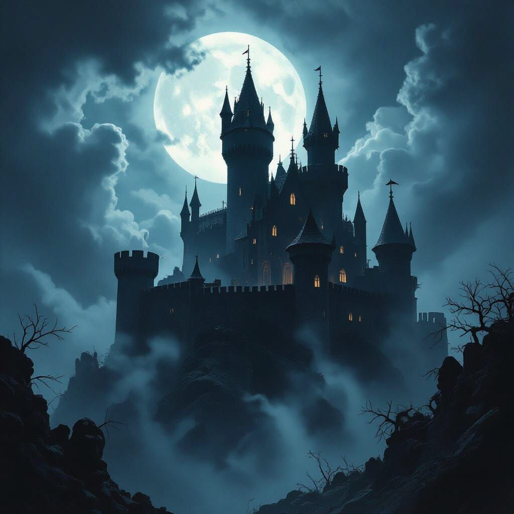 Brooding Gothic Castle Under Moonlit Stormy Sky