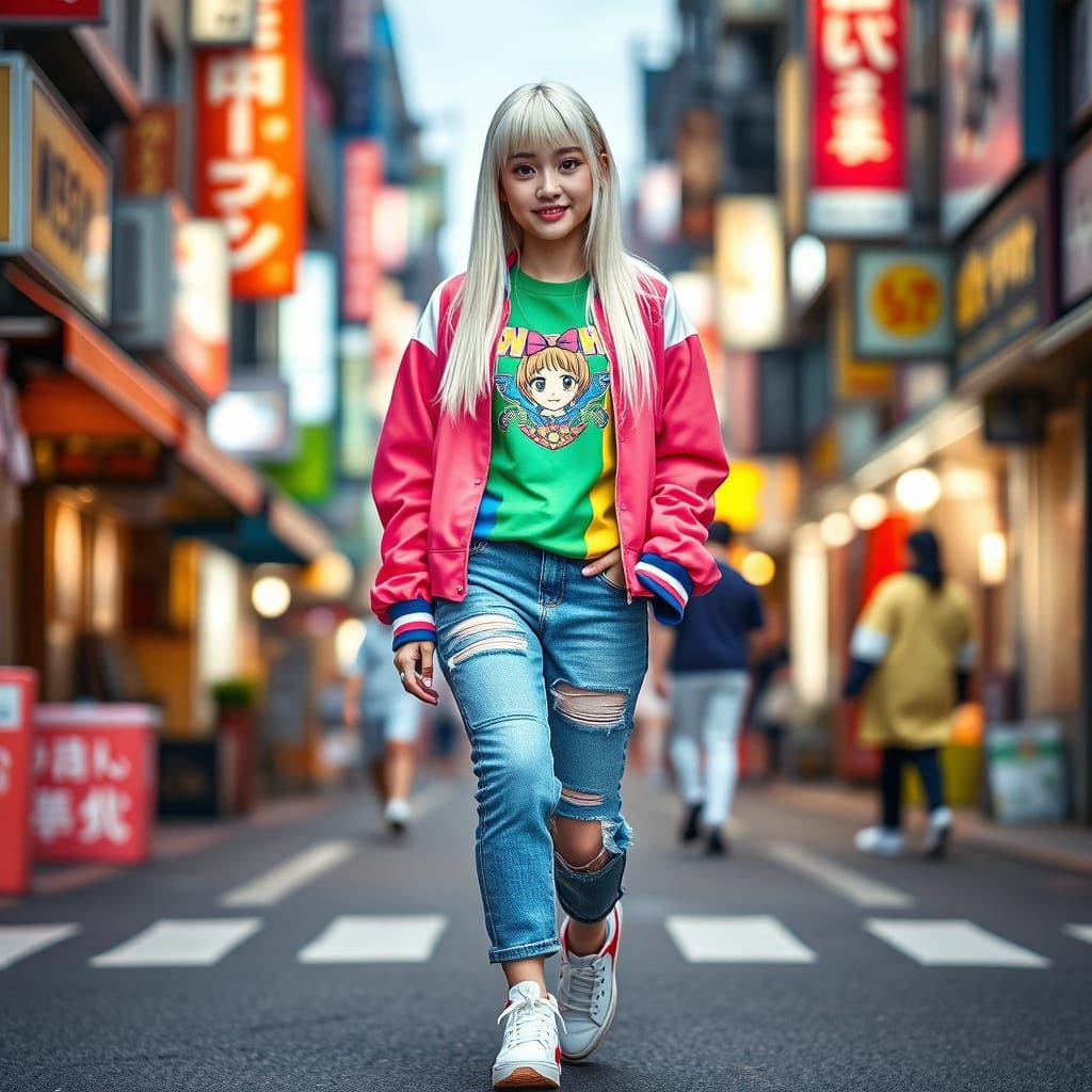 Vibrant Amekaji Gyaru Girl in Harajuku Street Fashion