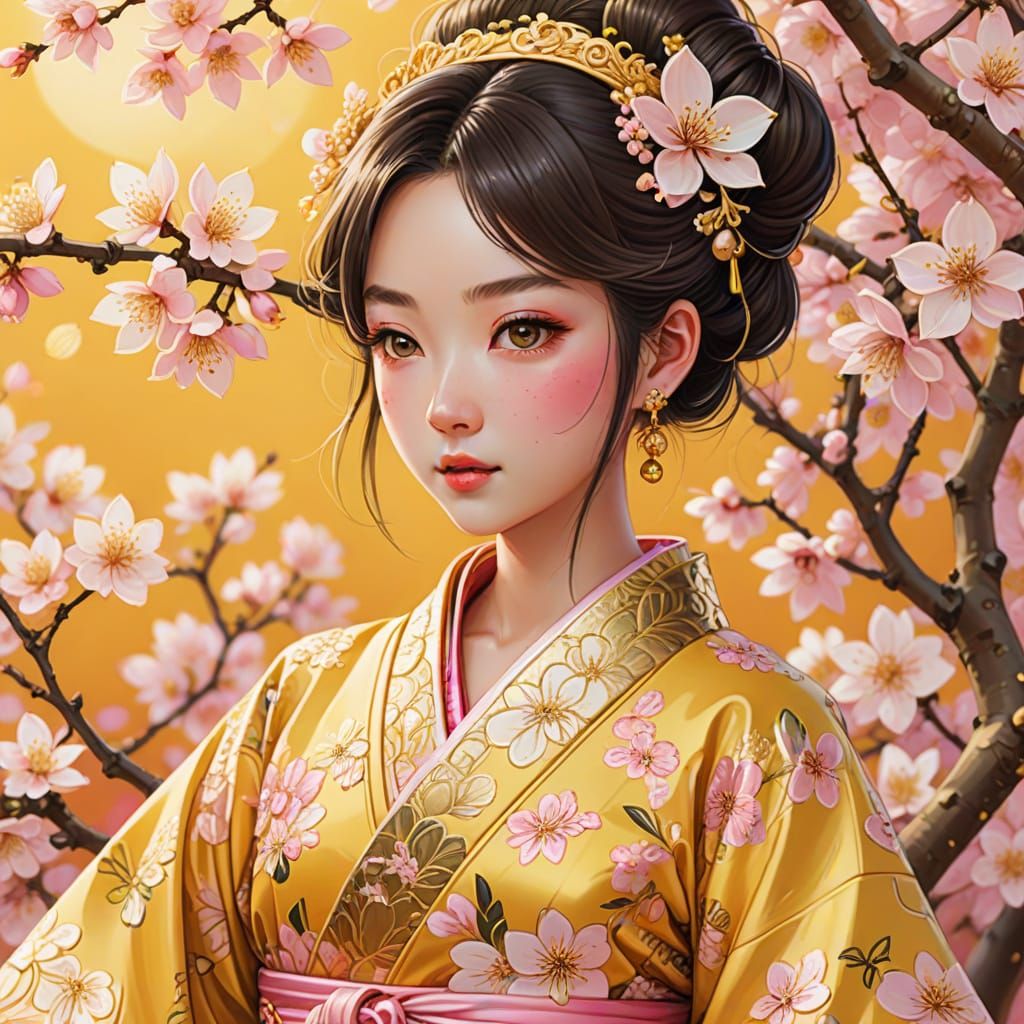 Vibrant Banana Princess in Whimsical Japanese Kimono
