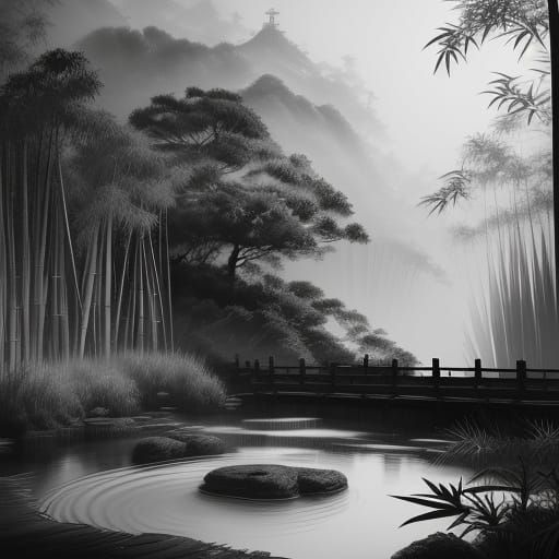 Ethereal Bamboo Grove Scene in Elegant Ink Wash Style