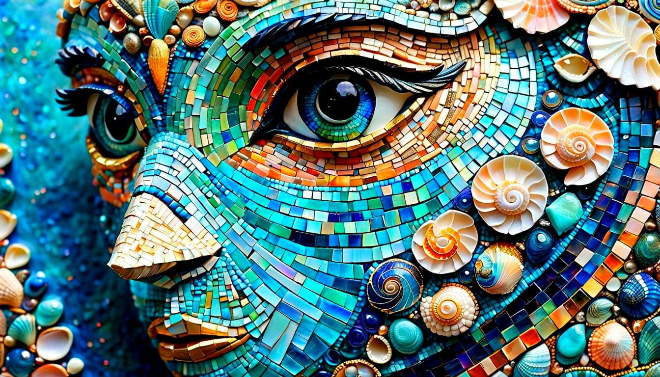 Seashell Mosaic Bird Portrait in Zentangle Style