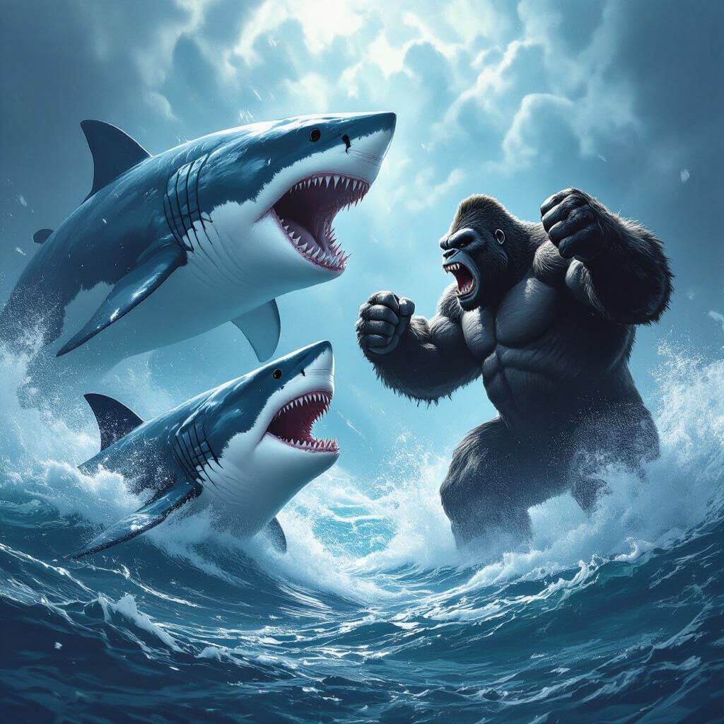 Epic Battle: King Kong vs. Giant Shark in Stormy Seas