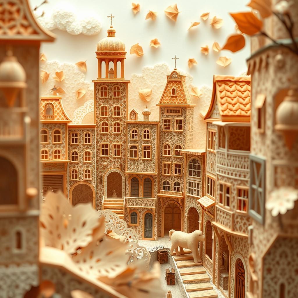 Abstract orange, brown and beige cityscape, buildings made f...