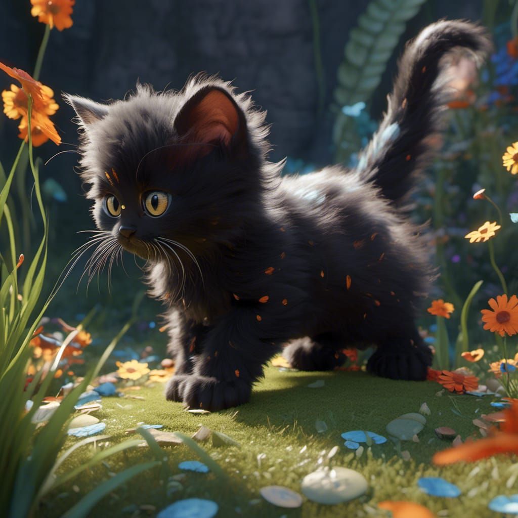 Black Kitten Playing: Detailed Fantasy Art