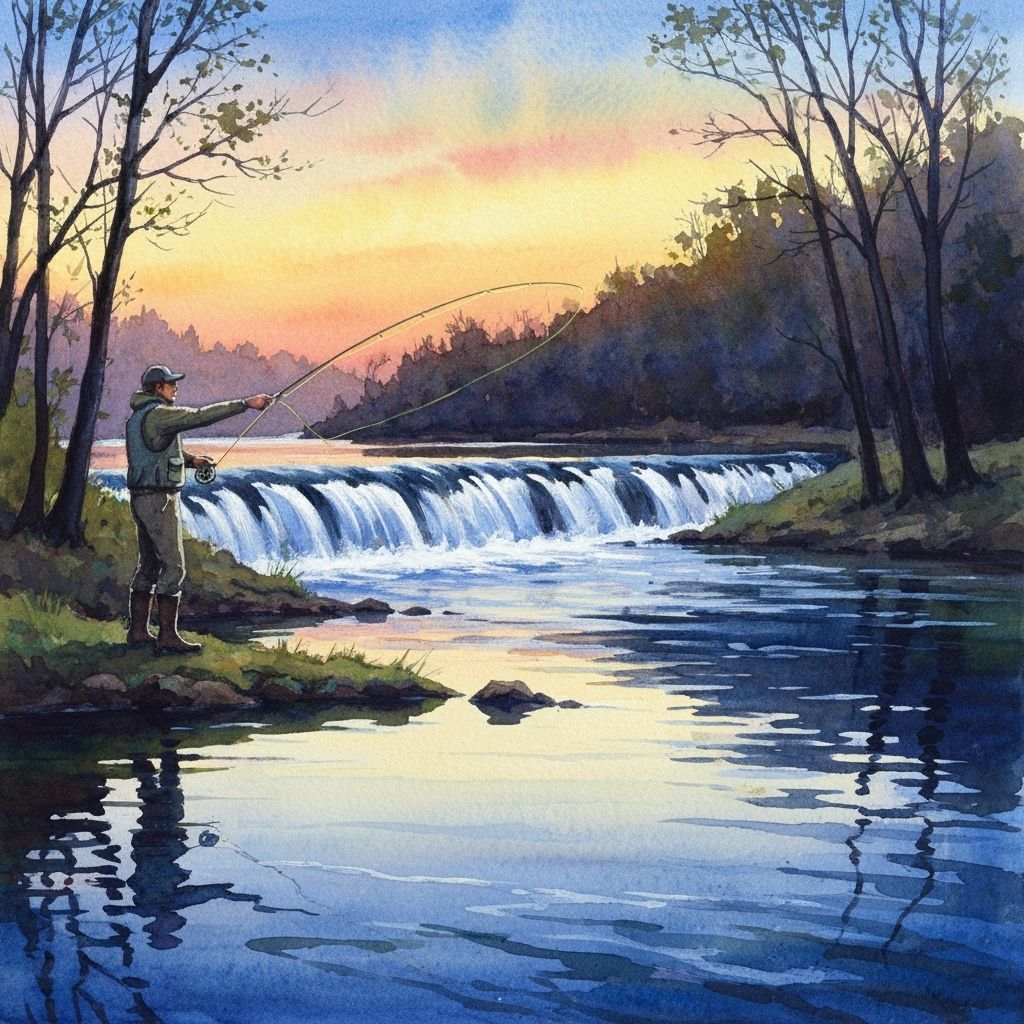 Fly Fisherman Below Waterfall at Dawn