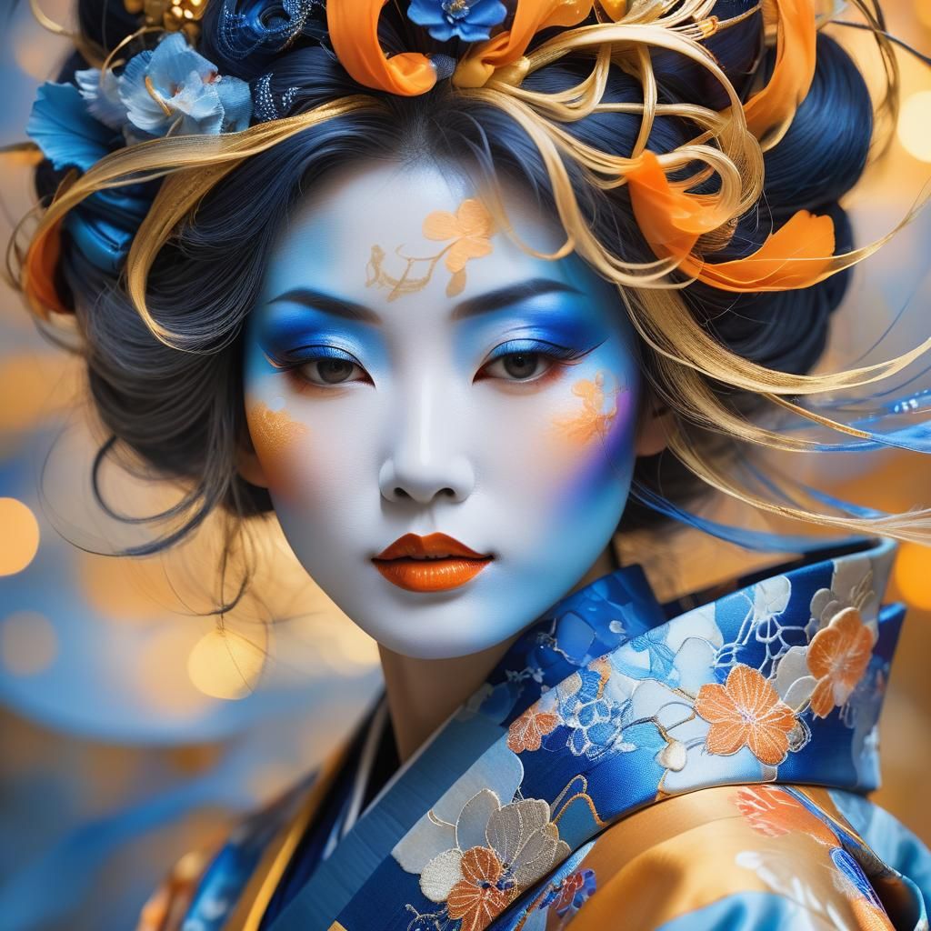Blue Geisha Portrait in Abstract Expressionism Style