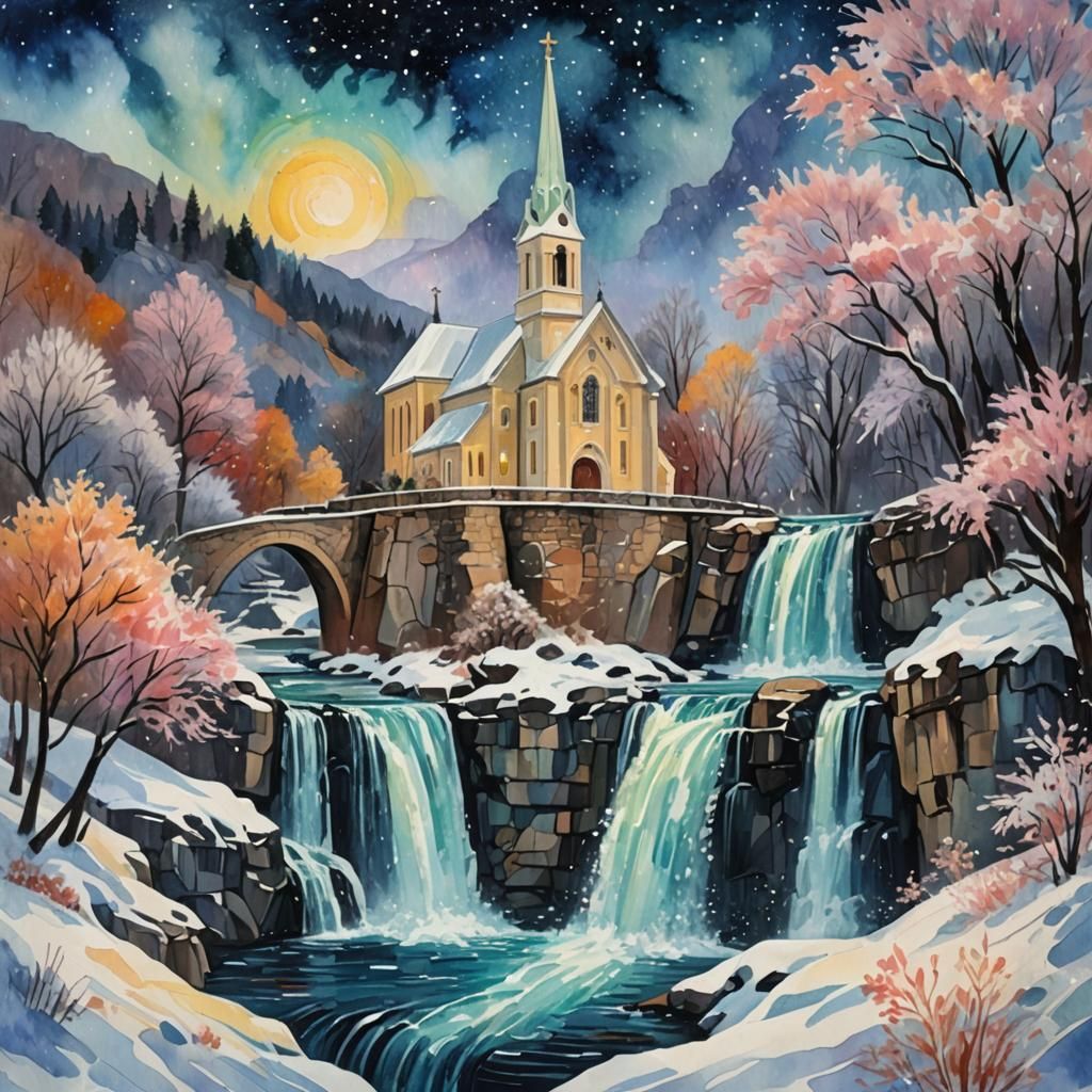 Starry Winter Waterfall and Church in Gouache Style