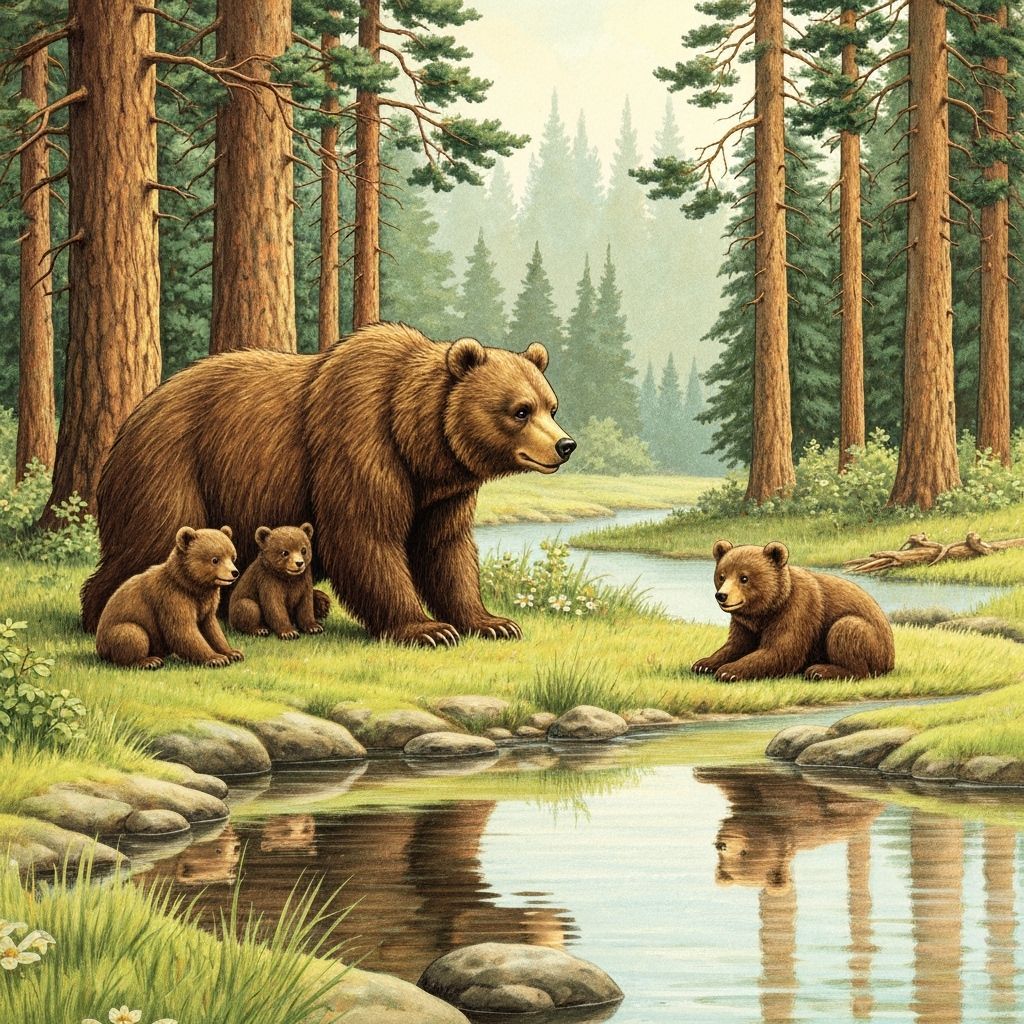 Bears Resting by Stream in Children's Book Style