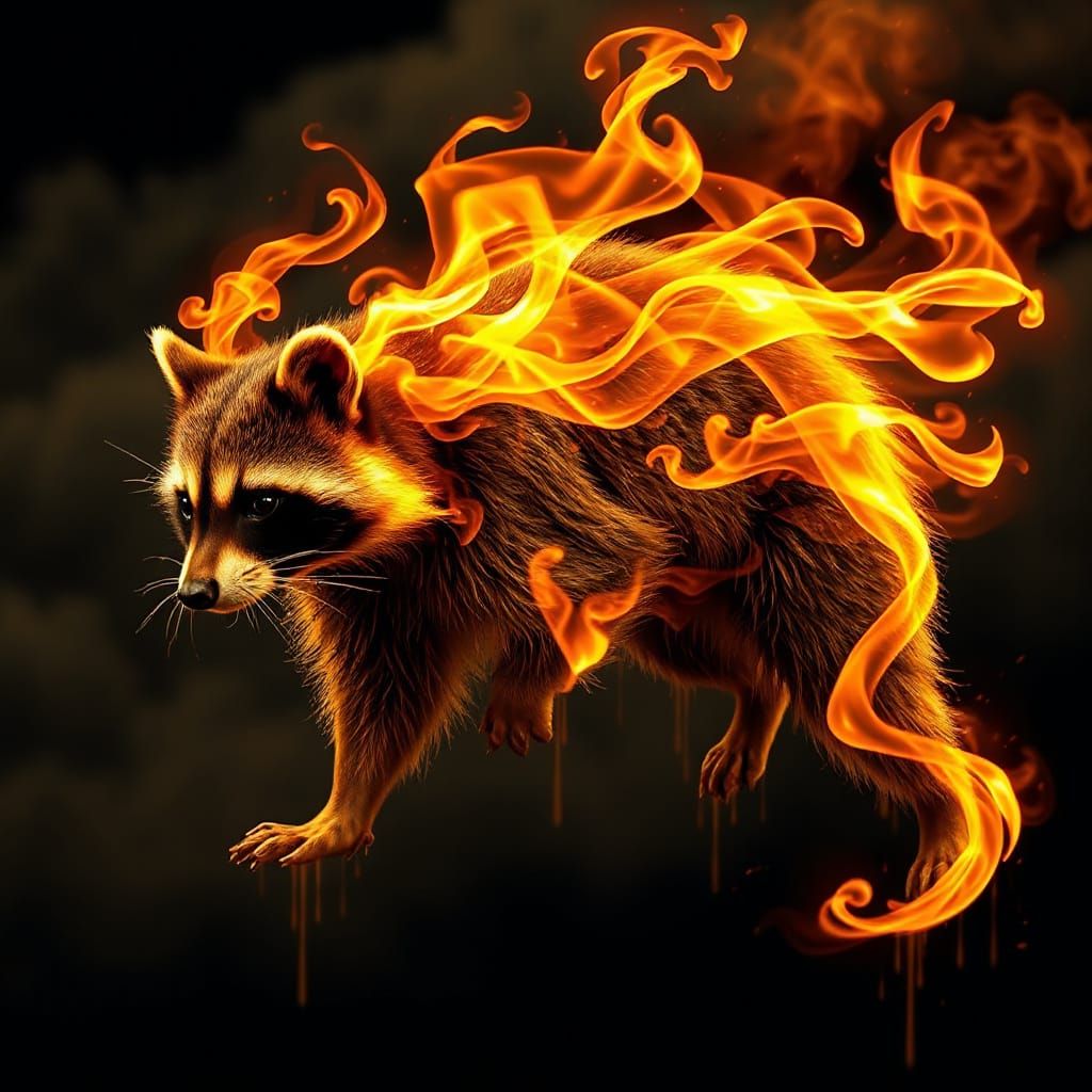 Ethereal Fire Raccoon in Dark Art Style