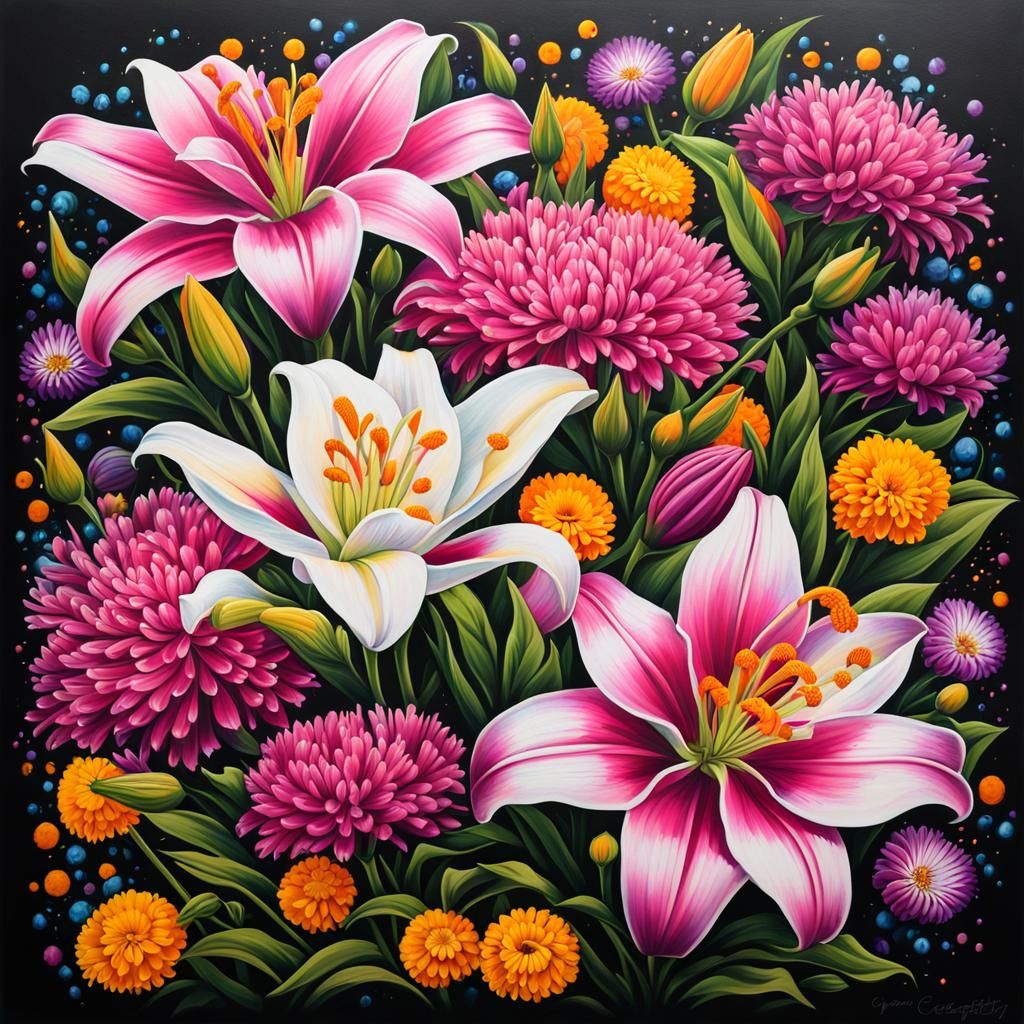 Floral Tattoo Stencil with Lily, Marigolds, Sakura