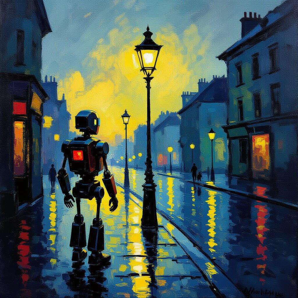 Rusted Automaton on Rainy Dusk Street Impressionist Style