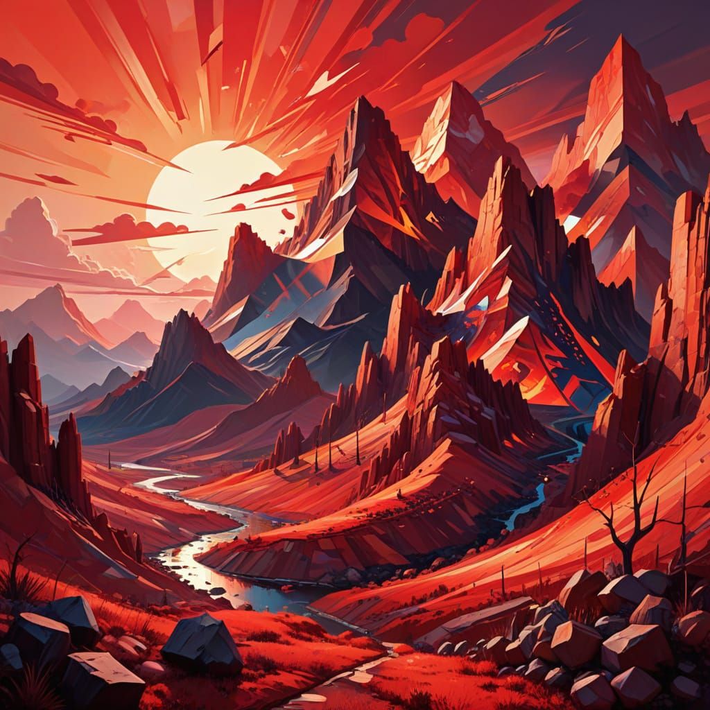 Fiery Surreal Landscape in Cubist Style