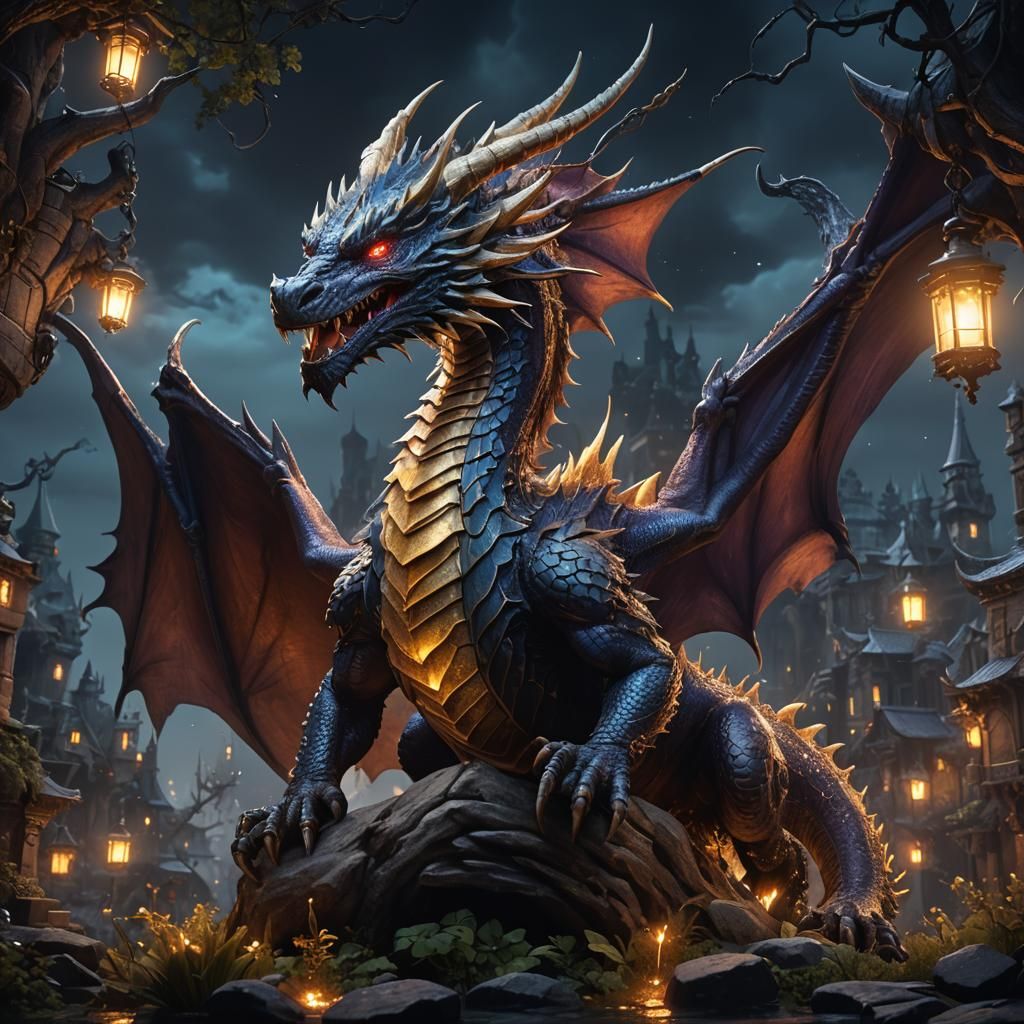 Fantastical Night Light Dragon in Detailed Painting