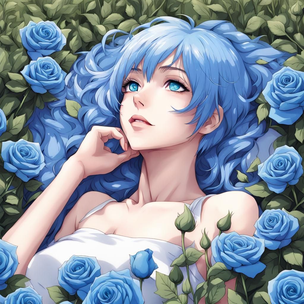 Woman with Blue Hair in Rose Field, Anime Style