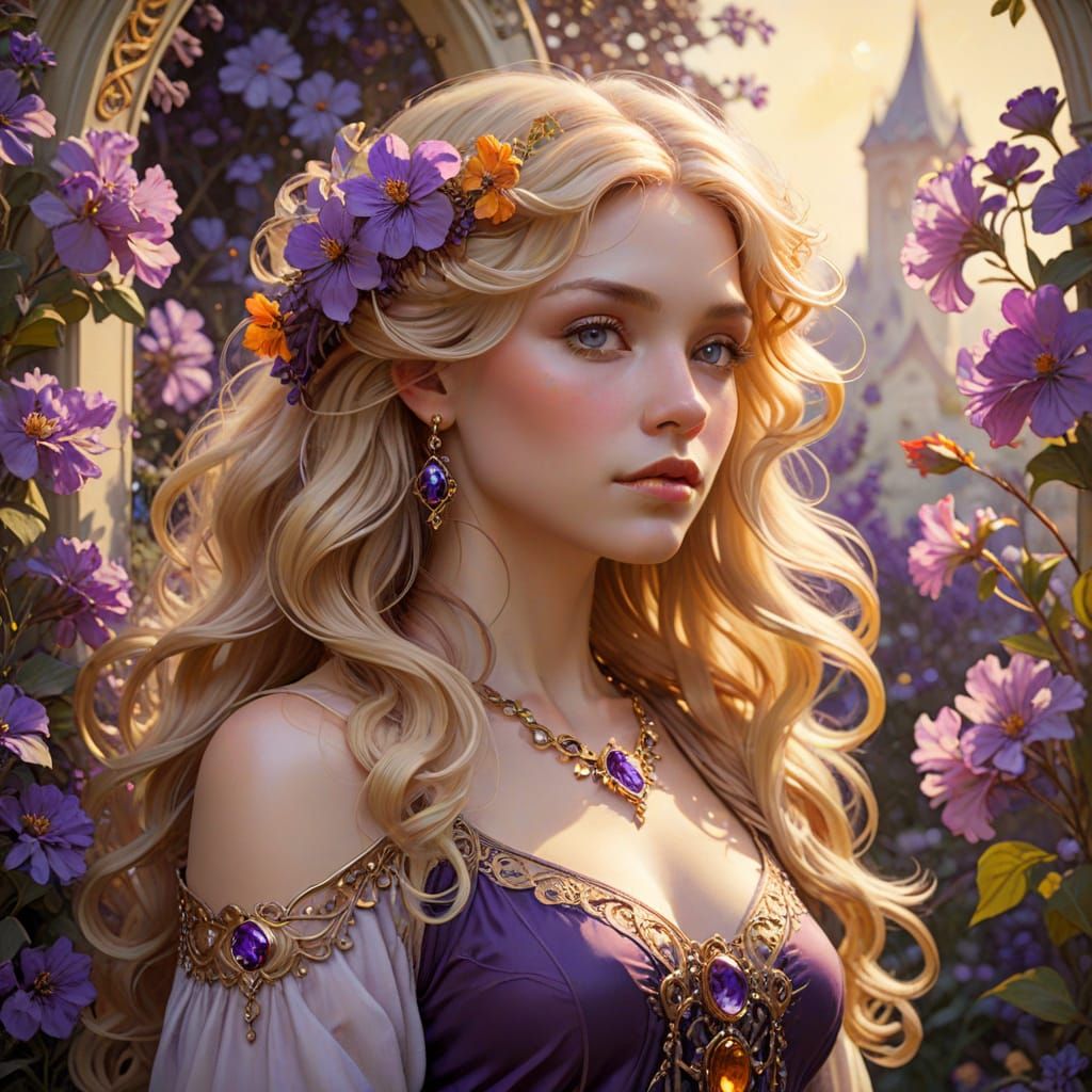 Blonde Woman in Art Nouveau Garden with Jewelry