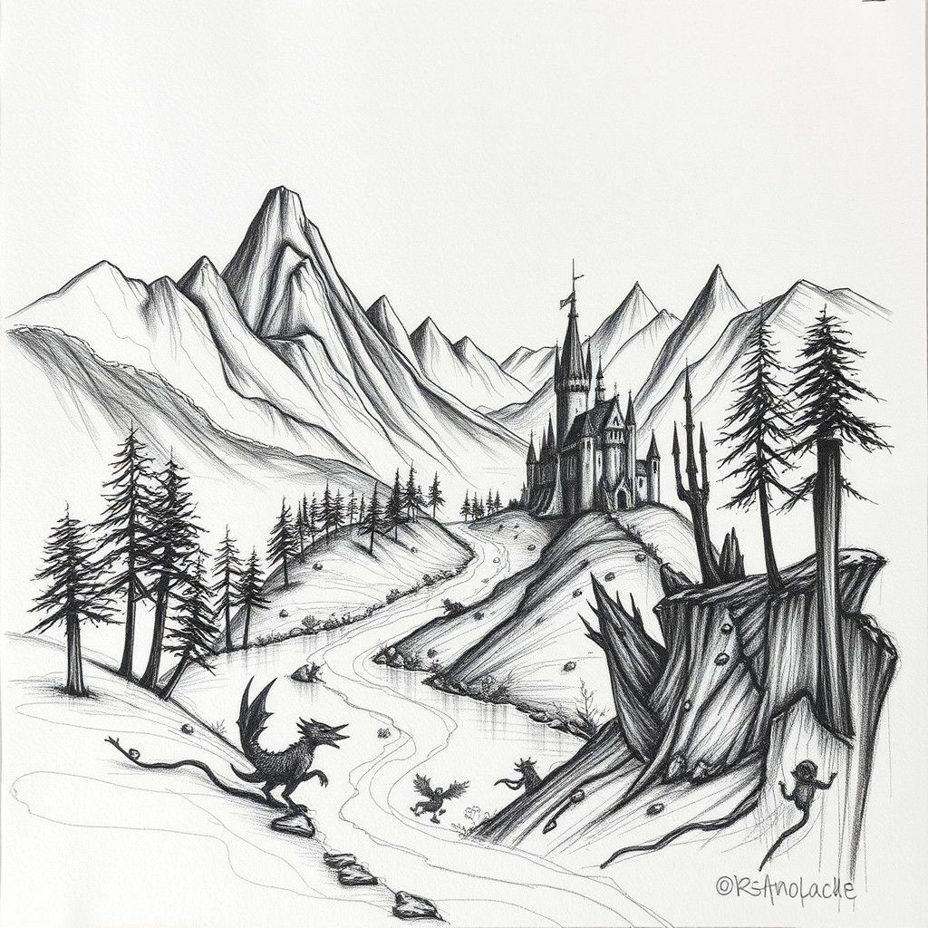 Fantasy Landscape Charcoal Doodle Illustration