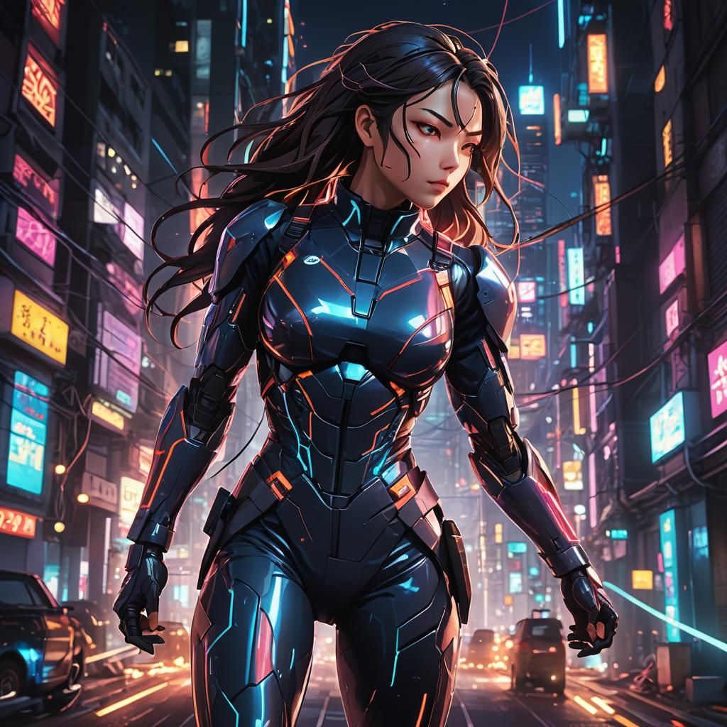 Anime Heroine in Futuristic Cityscape, Studio Trigger Style