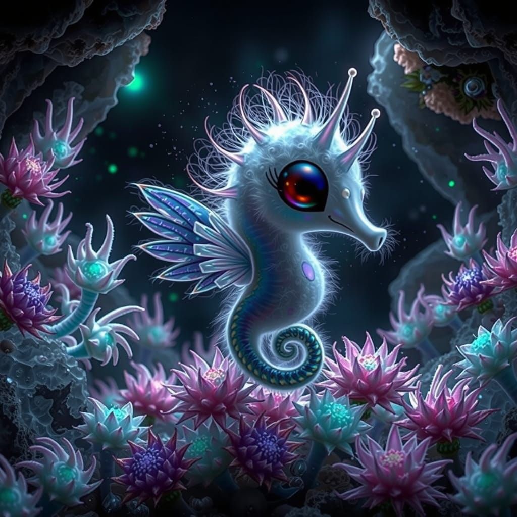 Iridescent Seahorse with Wings in Crystal Cave