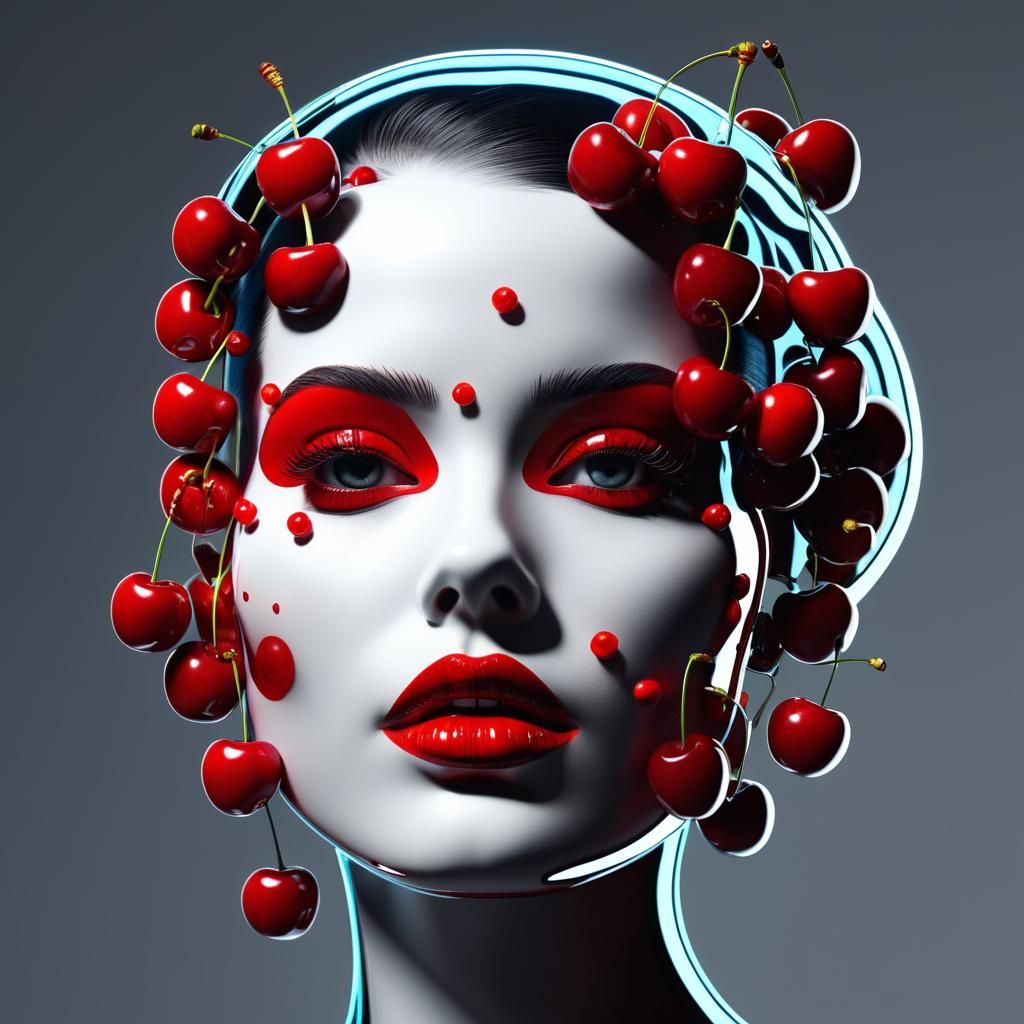 Cherries Reflecting a Woman's Face: 3D Render