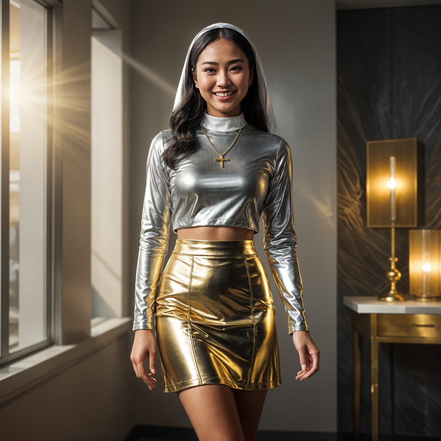 Filipina Model in Gold Outfit, Modern Apartment