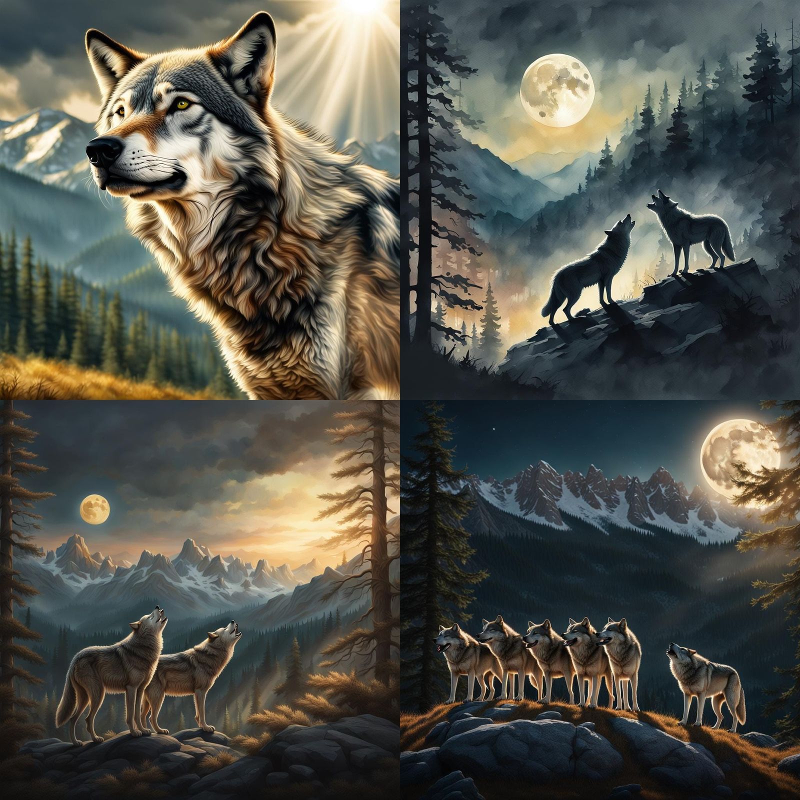 Wolf Howling at Moon with Pack in Realistic Style