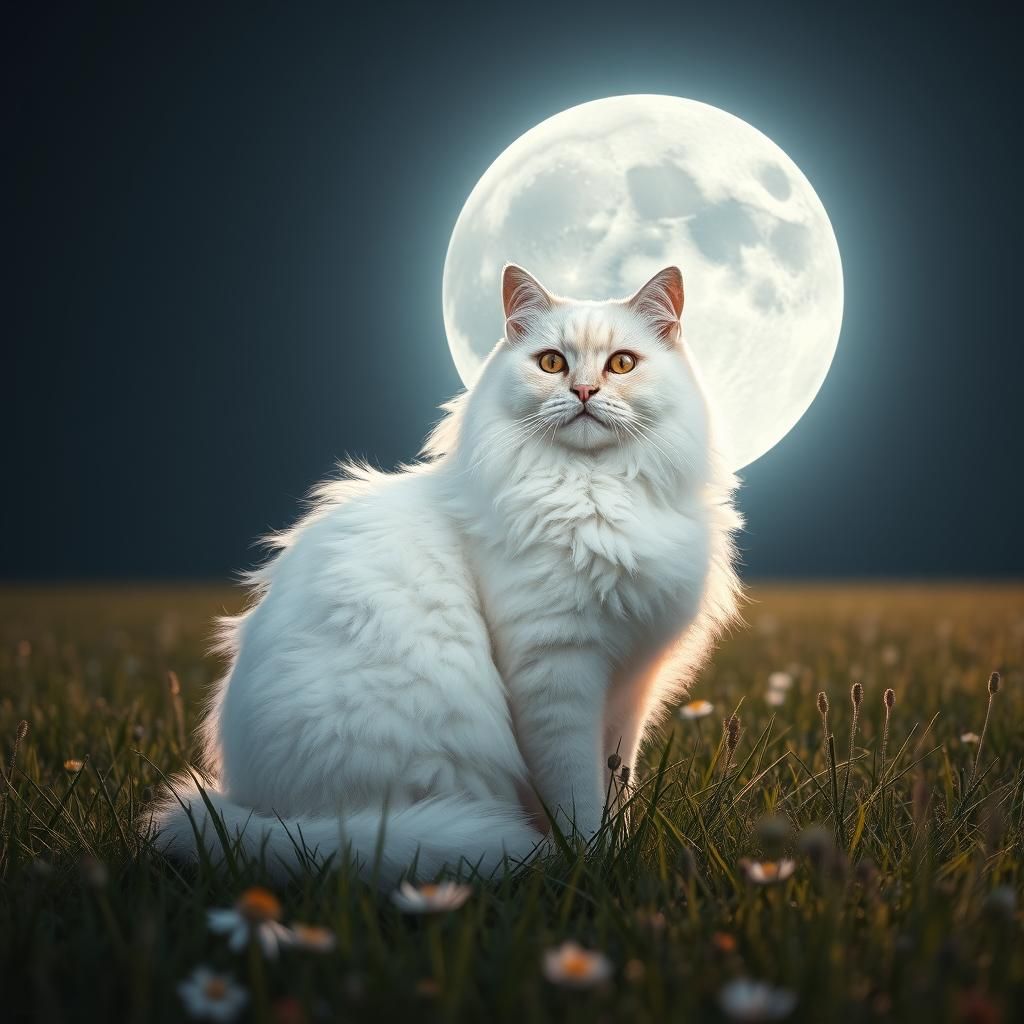 White Cat Basking in Moonlight, Hyperrealistic Fantasy Art