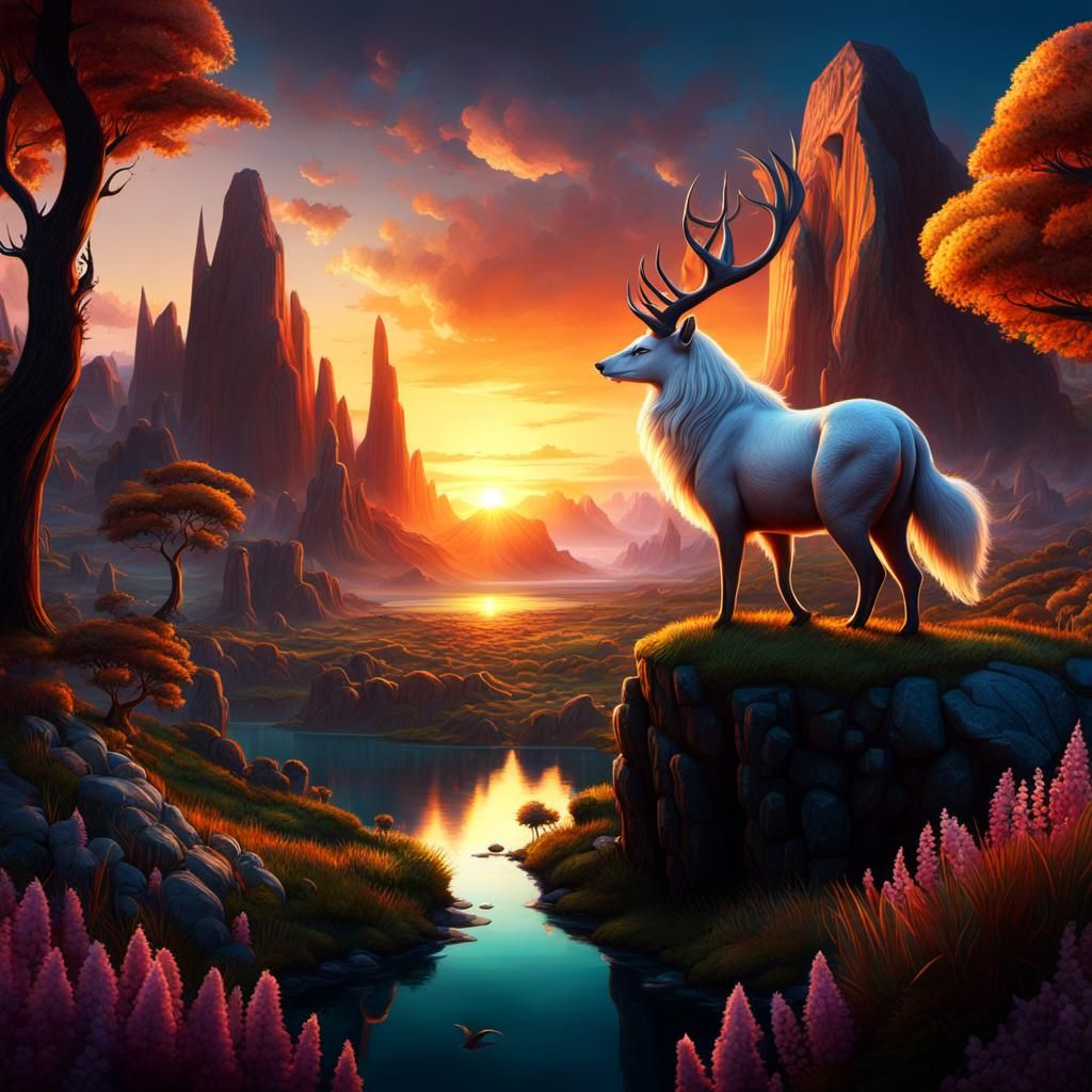 Surreal Sunset Landscape with Fantasy Animals