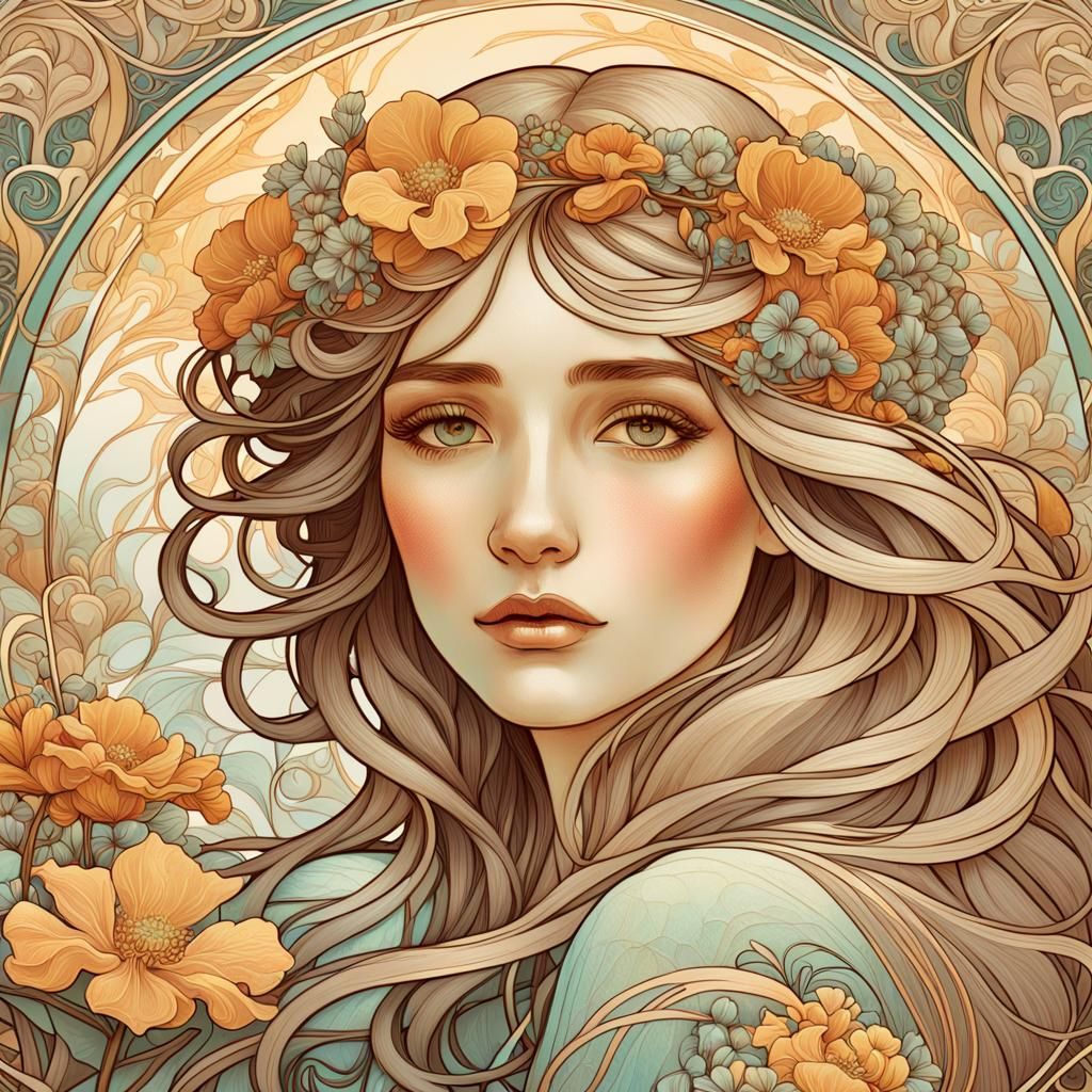 Art Nouveau Woman Surrounded by Flowers