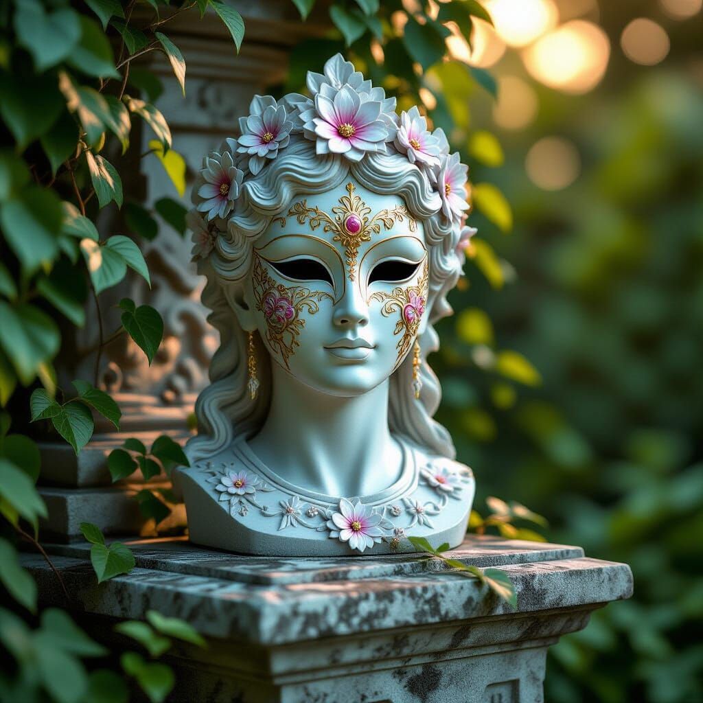 Nike Statue in Overgrown Garden, Photorealistic Rendering