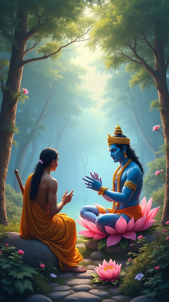 Vishnu and Narad Muni in a Forest, 3D Rendered