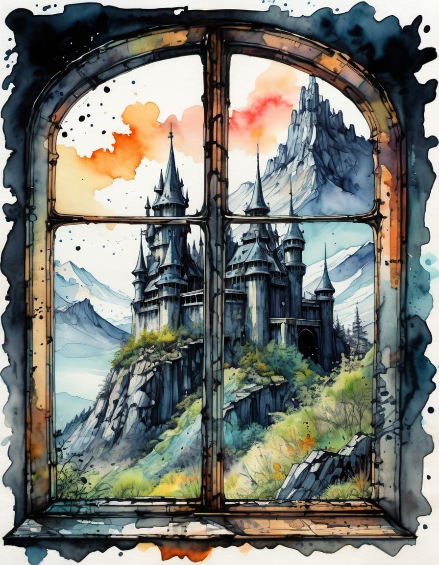 Summer Fantasy Castle Beyond a Decayed Window