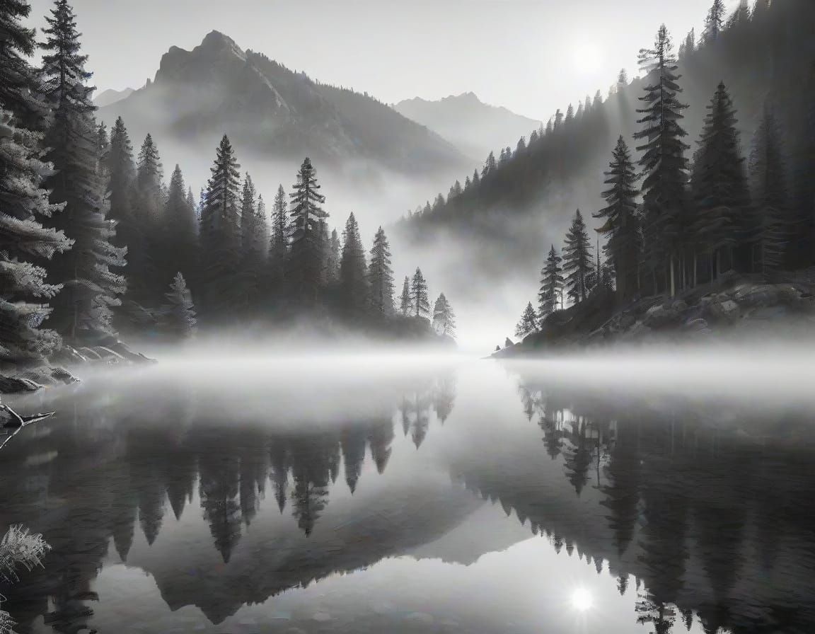 Mountain Lake Misty Morning in Black and White