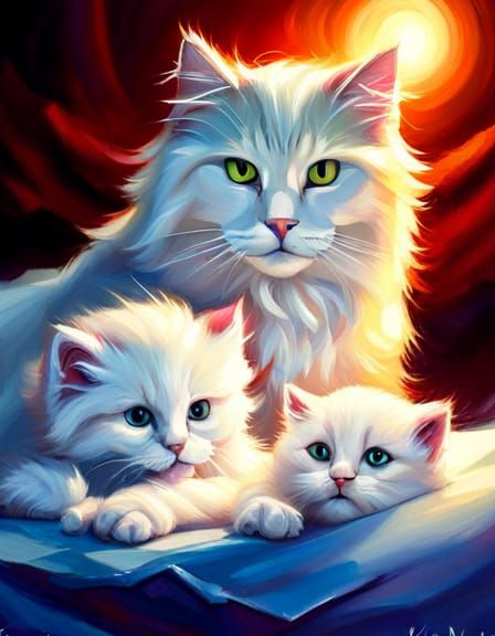 a beautiful fluffy white cat with two fluffy kittens at Christmas painted by artgerm fantasy art, dramatic lighting, hig...