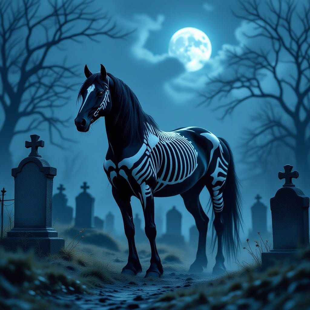 Skeleton Horse in Misty Moonlit Graveyard