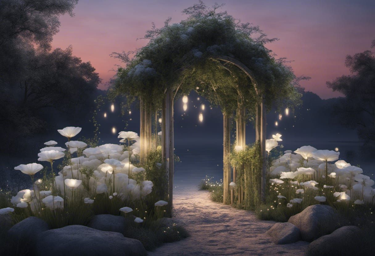 Enchanted Bioluminescent Moon Garden at Night