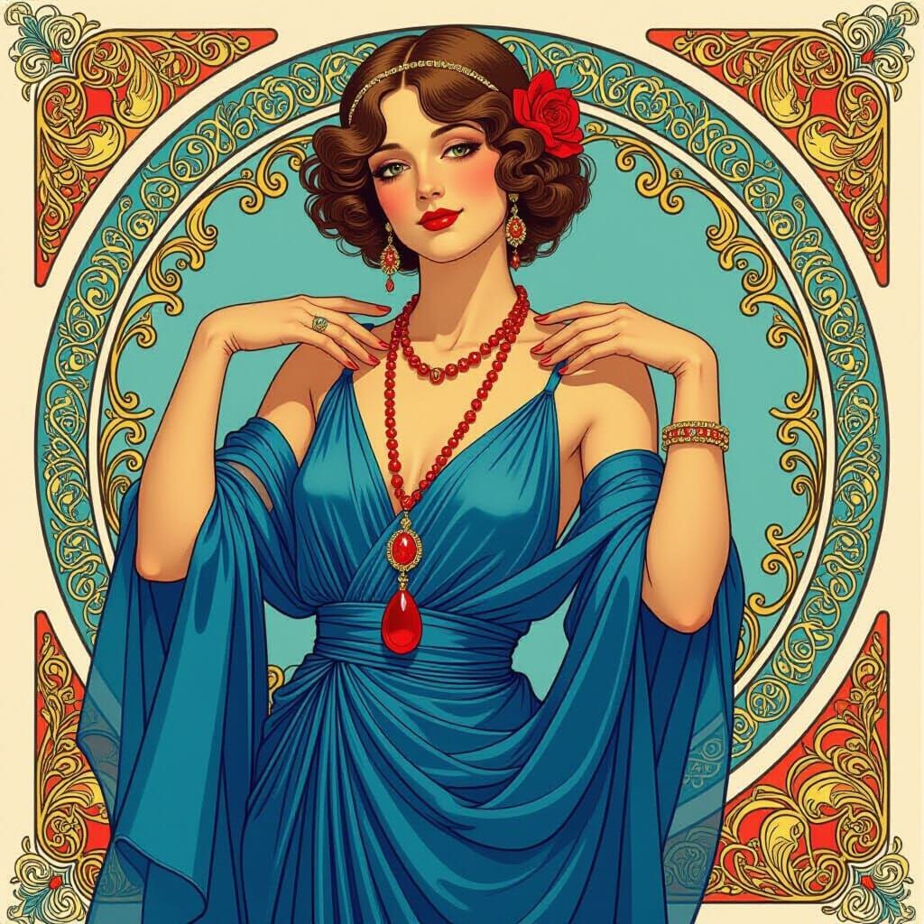 Woman in Blue Dress, Art Nouveau Style Portrait