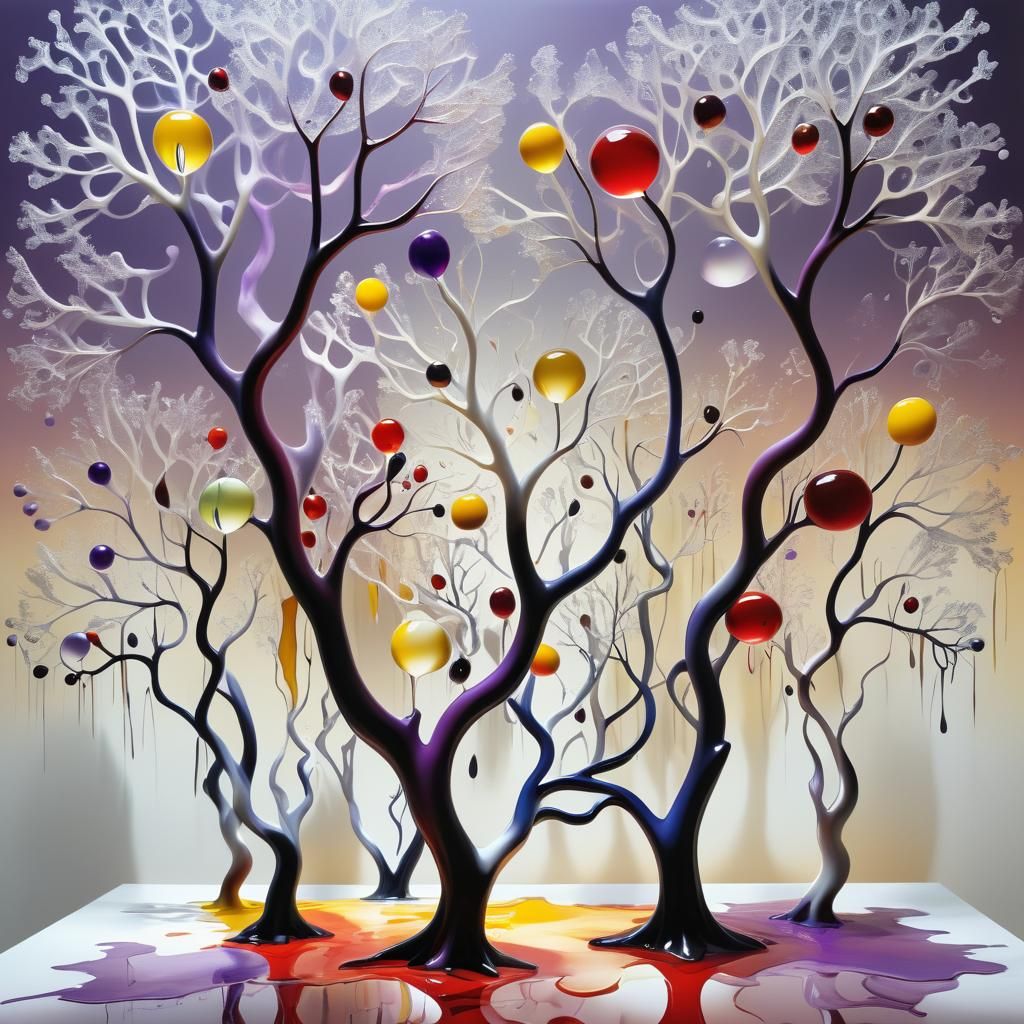 Crystalline Trees with Glass Fruit in Surreal Style