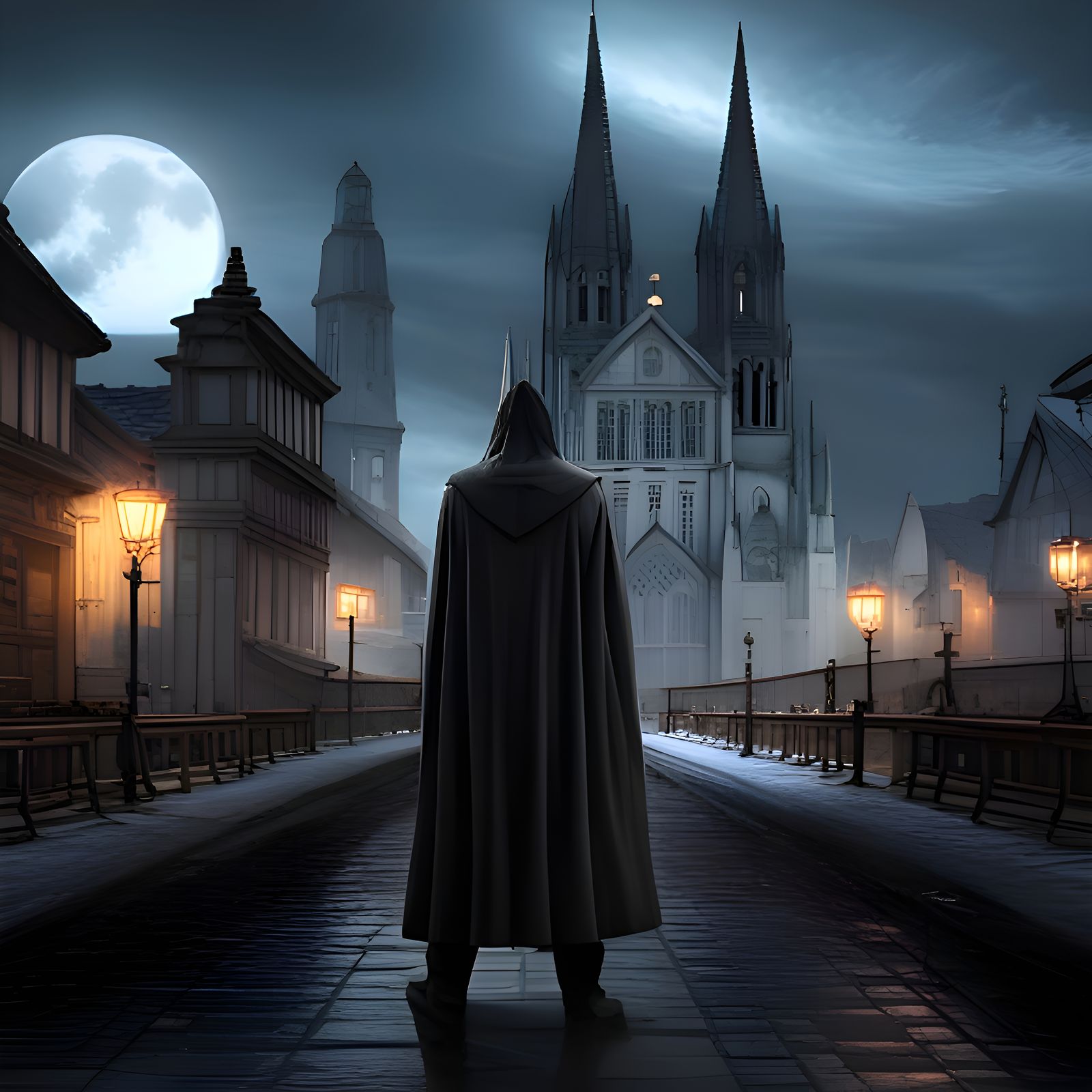 Cloaked Figure in Medieval City, Fantasy Art