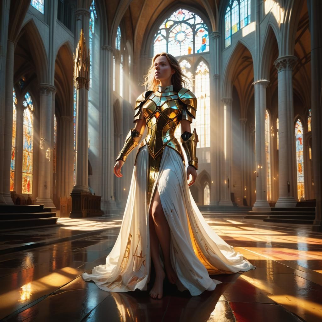 Armored Woman in Cathedral: Hyperrealistic Splash Art