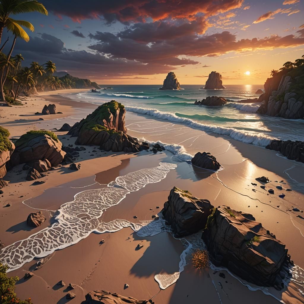 Detailed Beach Sunset: Fantasy Concept Art