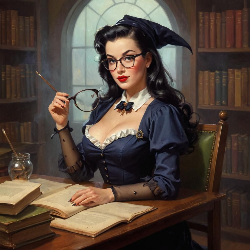 Pin-Up Witch Librarian in Elvgren Style