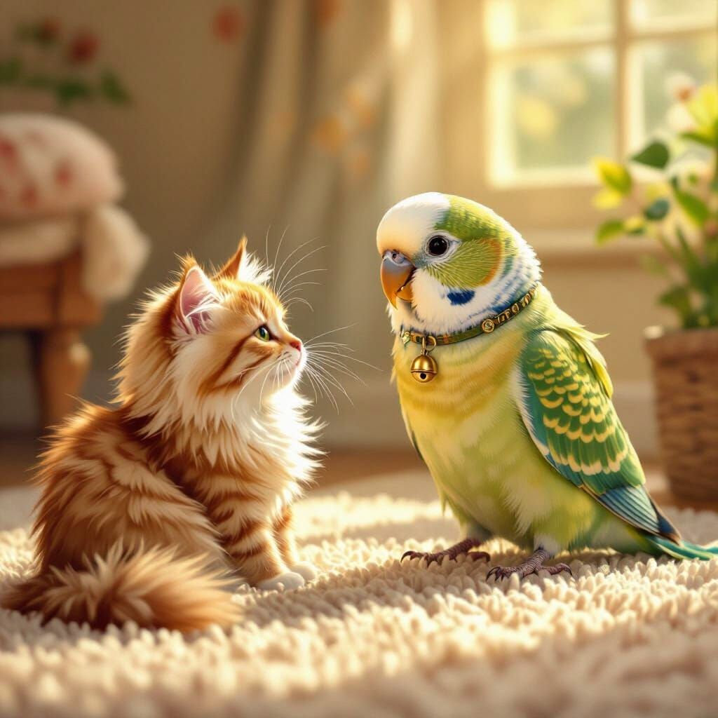 Cute Parakeet and Cat Playful Interaction