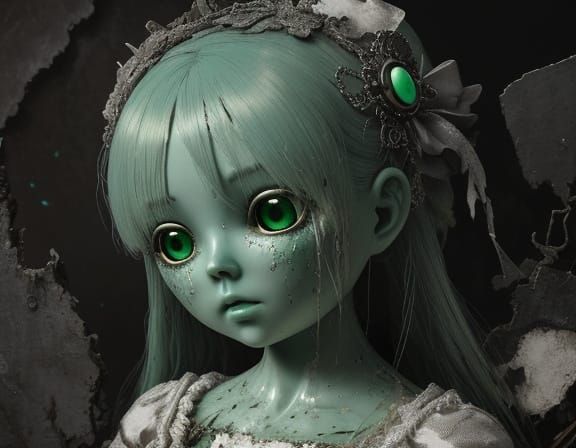 Creepy Doll with Button Eyes in Surrealist Horror Painting