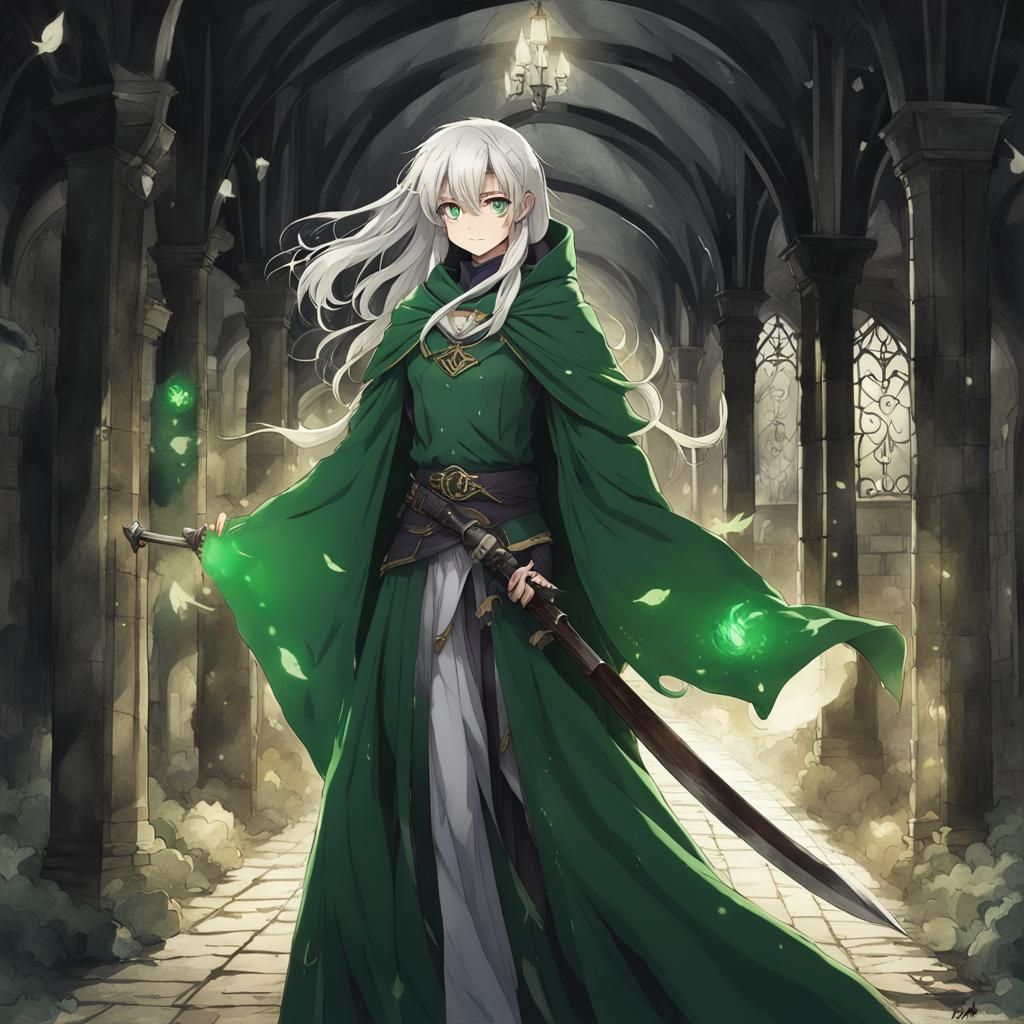 Ethereal Dark Green Divine Being in Anime Style