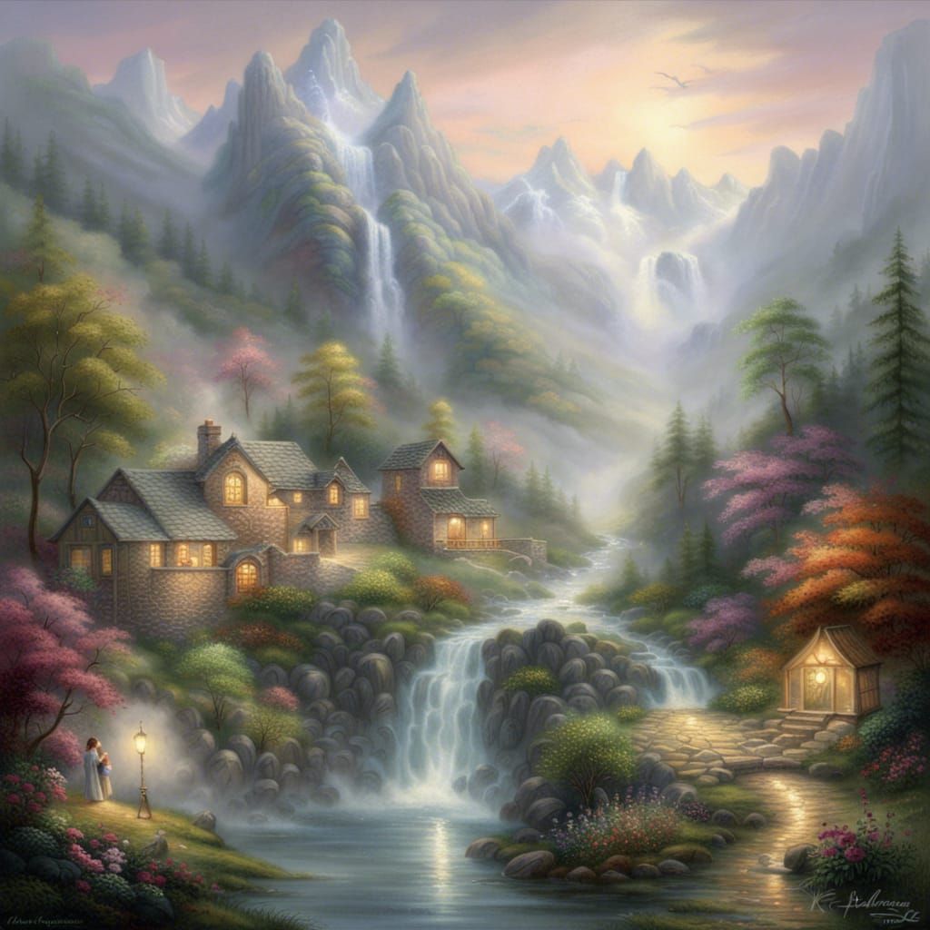 Ethereal Waterfall in Lush Mountain Landscape