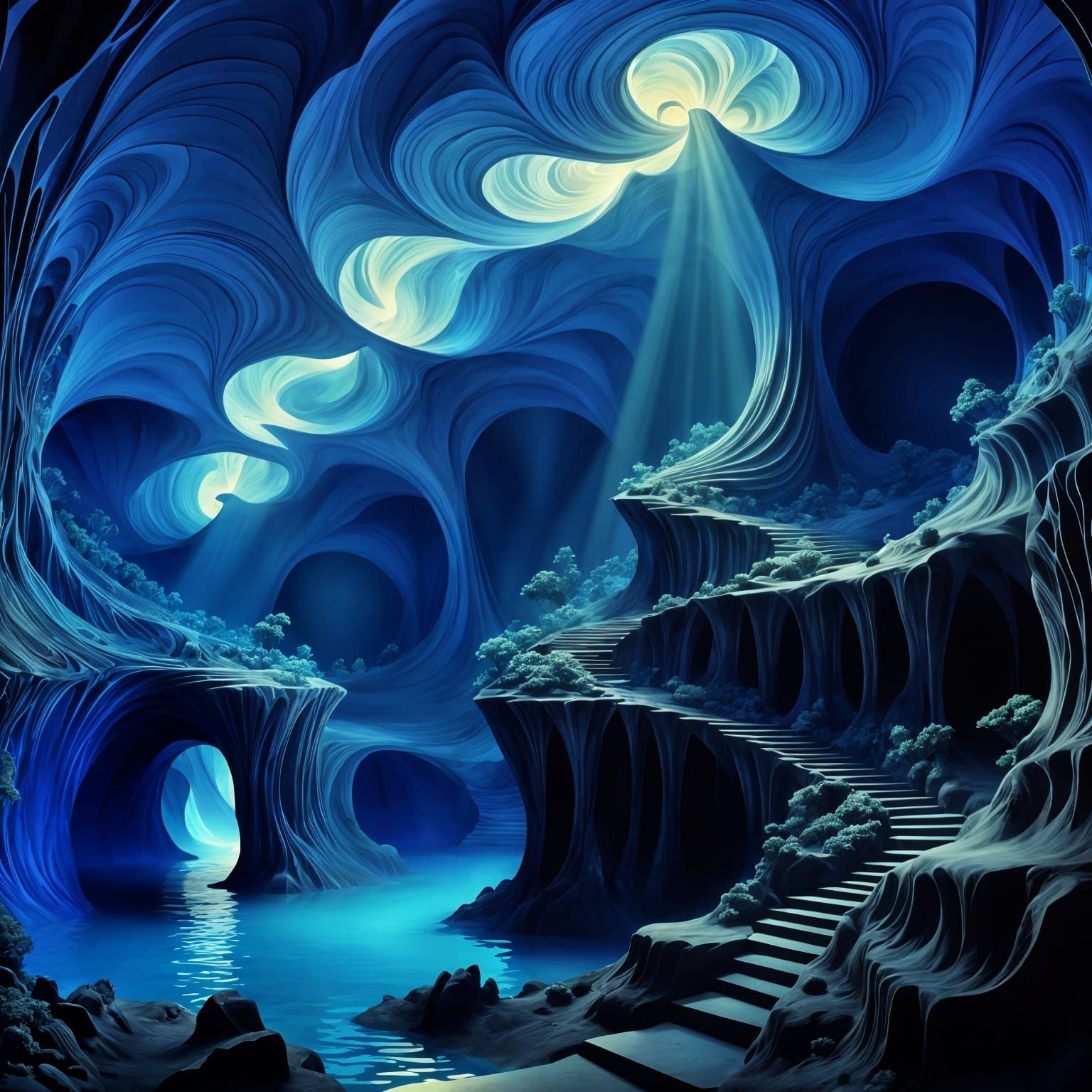 Mysterious Underground Cavern with Lamplit Pool