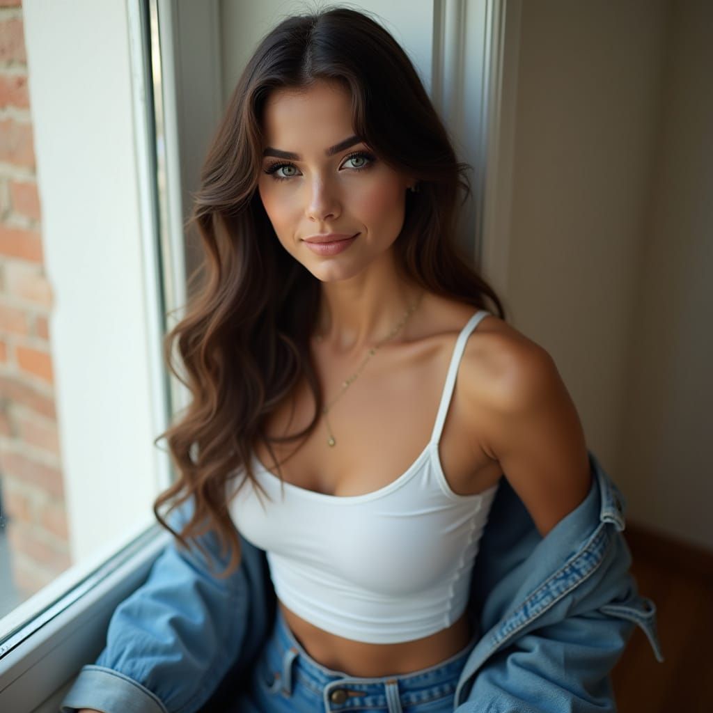 Elegant Woman on Windowsill, Art Nouveau Portrait