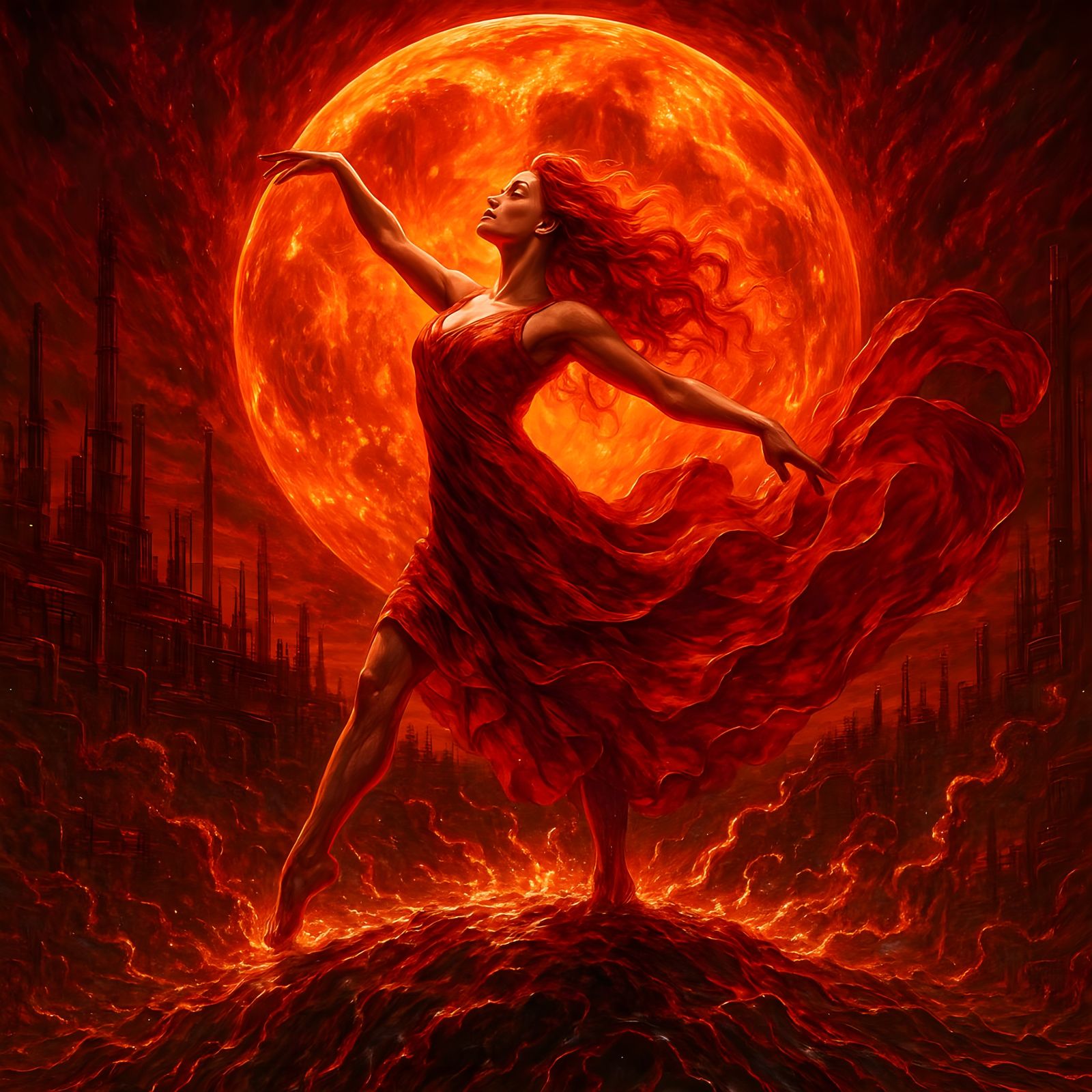 Hyperrealistic Red Dancer on Moonlit Hill