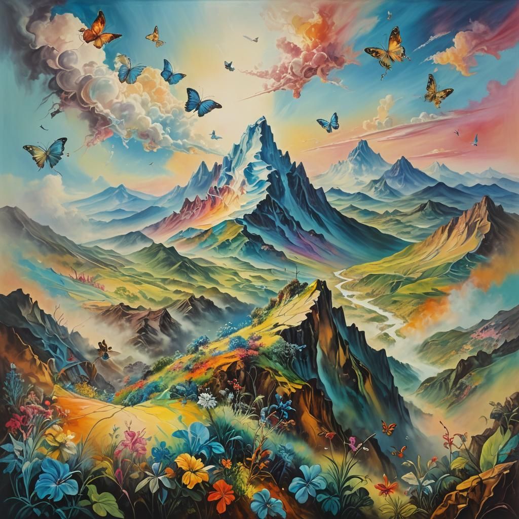 Lush Mountain Range in Surrealist Style