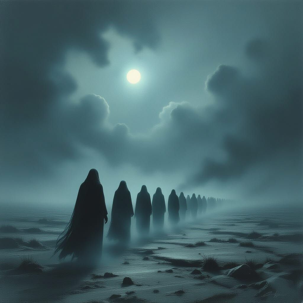 Ghostly Crowd in Desolate Landscape as Dark Fantasy Art